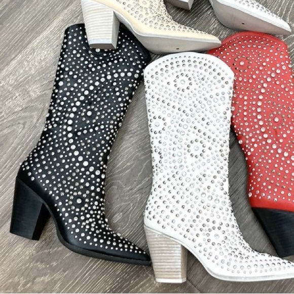 Beast AUTUMN Tall Black Faux Leather Stud & Rhinestone Embellished Cowboy Boots - Picture 3 of 7